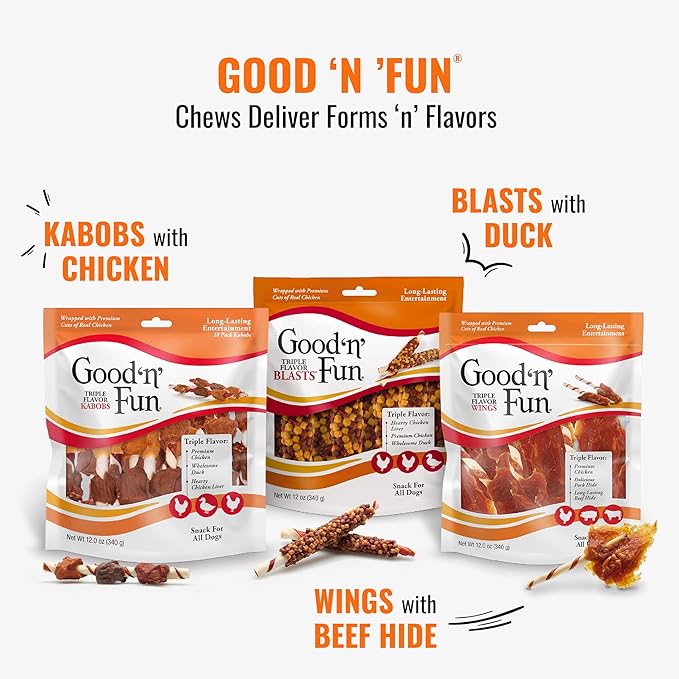 Good ‘n’ Fun Triple Flavor Kabobs Chews for All Dogs, 24 Ounces, Treat Your Dog, Made from Beef Hide, Real Chicken, Pork Hide, Duck and Chicken Liver
