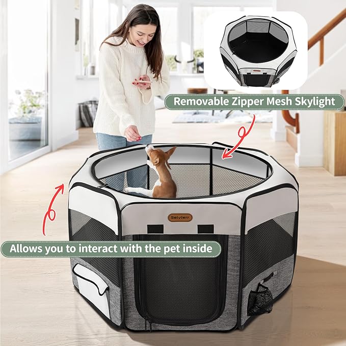 Dog Playpen, Portable Pet Play Pen Foldable Carrying Case, Puppy Pens Outsid for Small Cat Indoor/Outdoor, Removable Mesh Shade Cover