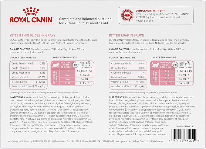 Royal Canin Feline Health Nutrition Kitten Thin Slices in Gravy and Loaf in Sauce Variety Pack Cat Food, 3 oz (Pack of 12)
