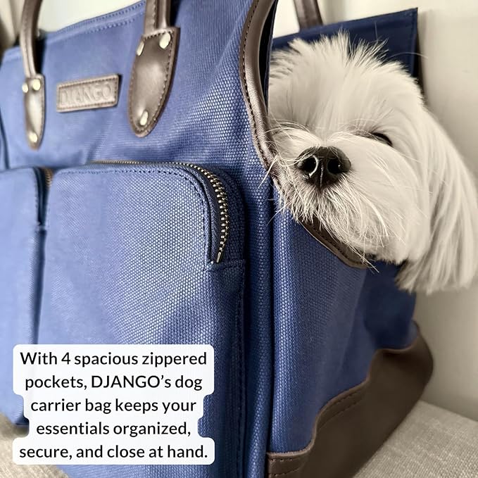 DJANGO Waxed Canvas & Leather Dog Carrier Tote Bag – Premium Soft-Sided Travel Dog Purse with Safety Leash, WR Lining, Zipper Pockets – Everyday Pet Carrier for Small Dogs up to 20 lbs (Navy, Large)