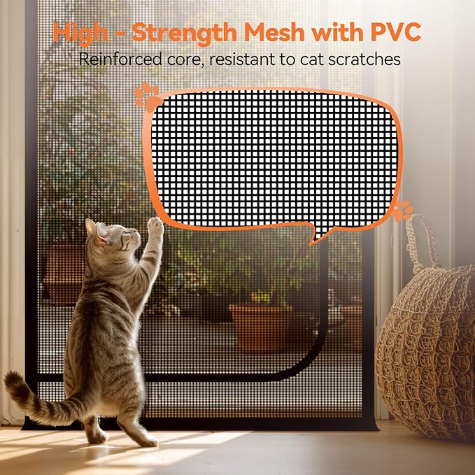BFNN Cat Screen Door, Extra Tall Cat-Proof Mesh Gate, Fit Door Size 30'' x 80.5'', Anti Scratch Mesh with Zipper Closure, for Living Room, Kitchen, Bedroom (Black)
