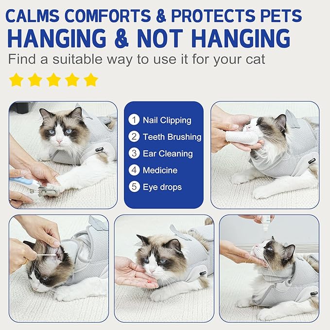 Supet Cat Grooming Hammock Harness for Nail Trimming, Cat Grooming Hanging Sling for Nail Clipping, Pet Restraint Holder for Cutting Nails, Medicine, Ear & Teeth Cleaning, Eye Care (Grey L)