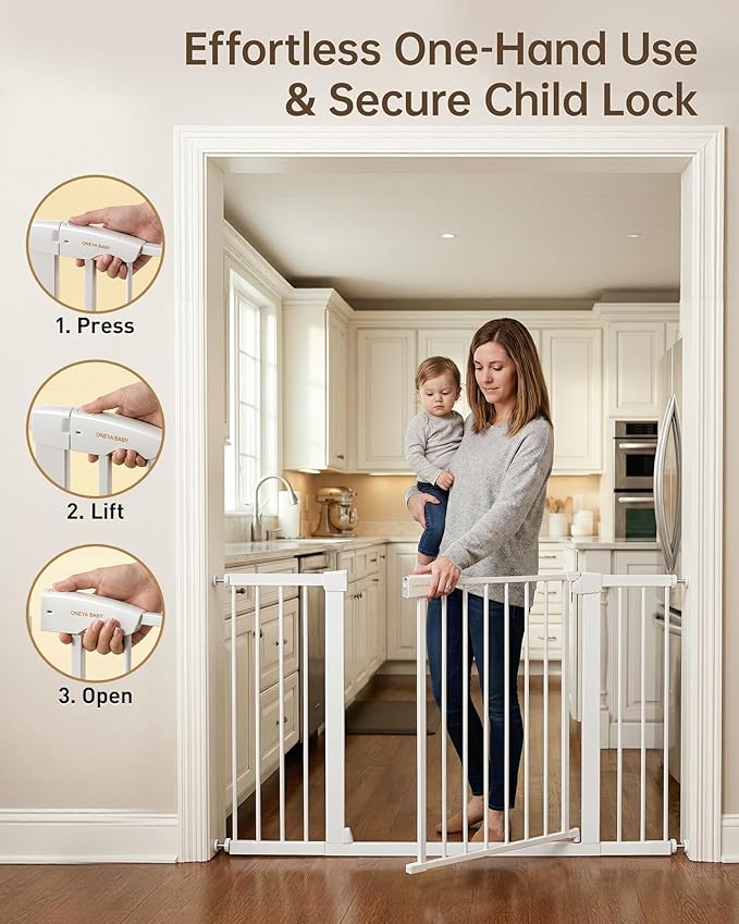 Baby Gate for Stairs, 29.92-48” Wide Pressure Mounted Baby Gate No Drill Needed, Auto Close Dog Gate for Doorways, Easy Walk Through Safety Child Gates for Toddler & Pet/Puppy, Indoor, White