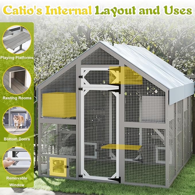PetsCosset Large Cat Catio for Multiple Cats Outdoor Cat Patio Enclosures Wooden Walk in Cats House Outside Shelter Kitty Kennel Weatherproof Roof,Attached to House's Window Cat's Door and Tunnel