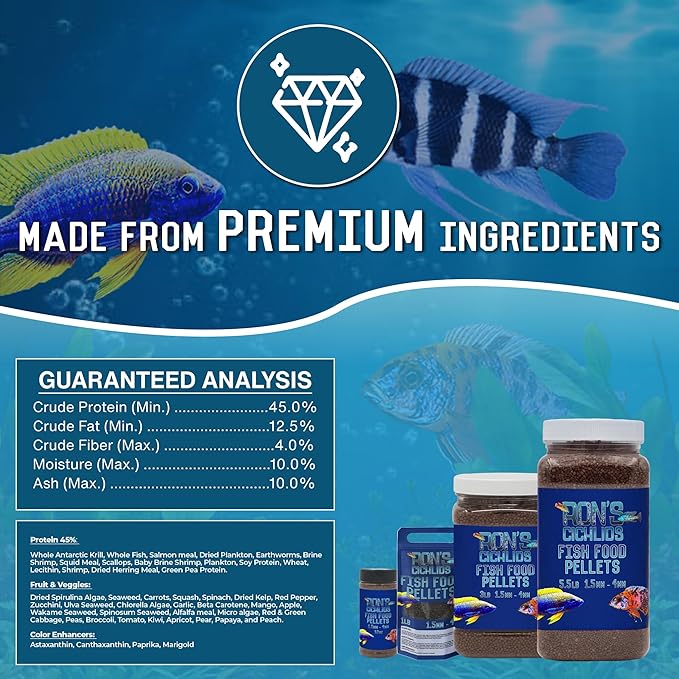 RON'S CICHLIDS Adult African Cichlid Fish Food Pellets – USA Made Slow Sinking Cichlid Pellets & Sticks Feed, Low Fillers, Ideal for Cichlid Food, Koi, Goldfish, Pleco, Oscar & Tropical Fish, 3 LB