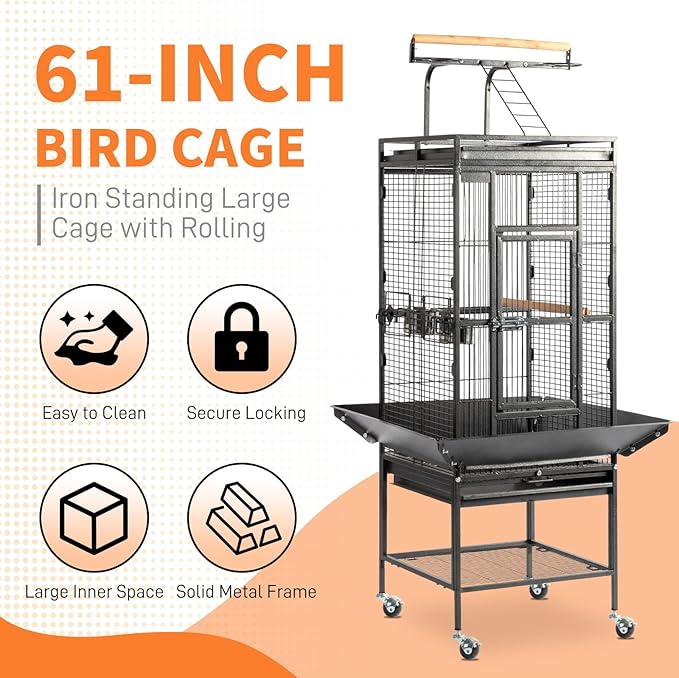 VINGLI Bird Cage with Wheels, 62 inch Bird Cages with Play Top, Wrought Iron Cage with Rolling Stand for Parrots, Cockatiels, Budgies, Lovebirds, Small/Medium Birds
