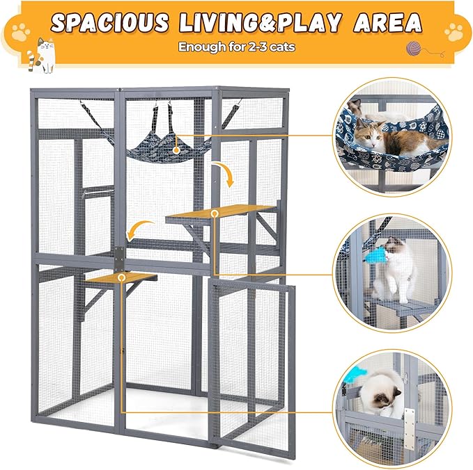 Catio Outdoor Cat Enclosure - Premium Wooden Cat Catio with Window Access & Breathable Mesh, Weatherproof Kitty House for Patio/Backyard/Indoor (Gray)