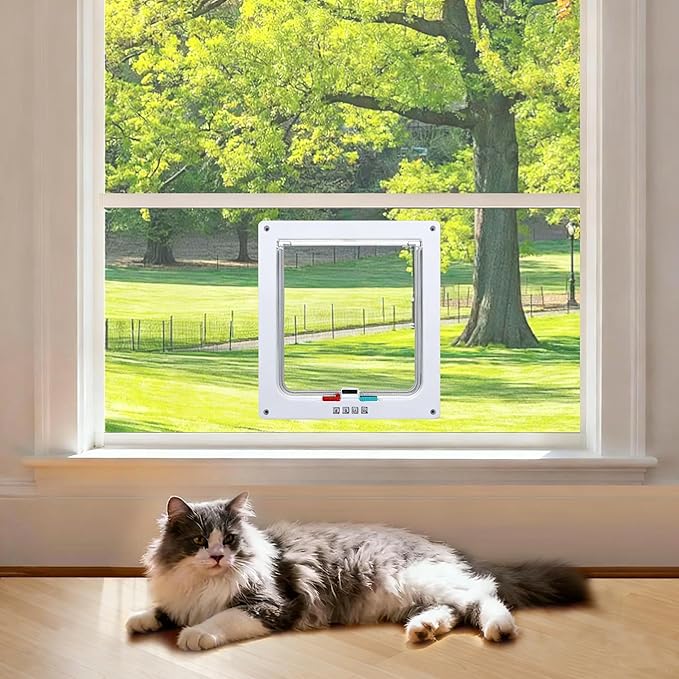 Cat Door for Window, Fits 14"-24" Width Window, Cat Window Door with 4 Locking Modes, Weatherproof Window Cat Door Insert, Magnetic Closure, Easy Installation, Clear Plexiglass