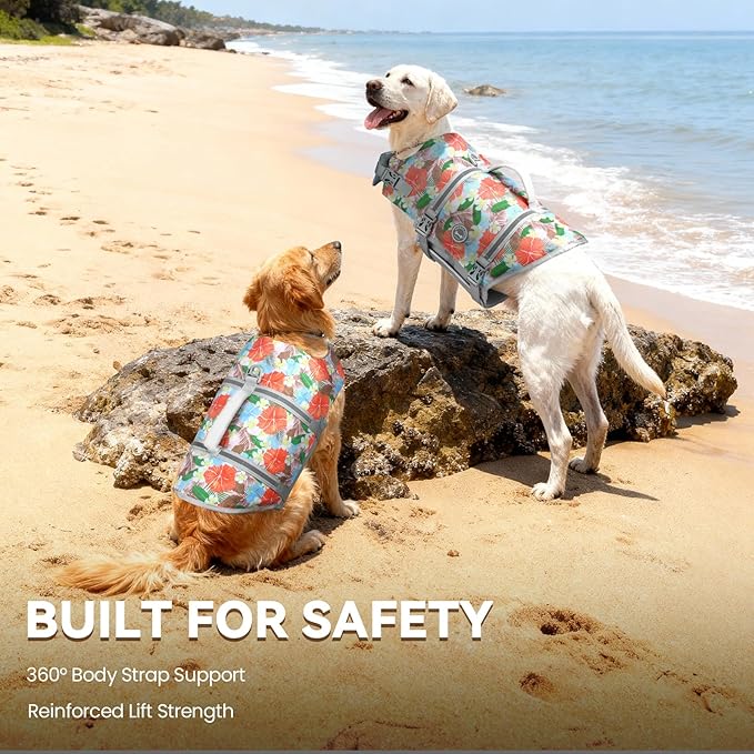 VIVAGLORY Rip Stop Dog Life Vest, Swimming Vest with Handle, Buoyancy for Doggy Puppy, Dog Life Jacket for Swimming & Boating, L, Floral Orange