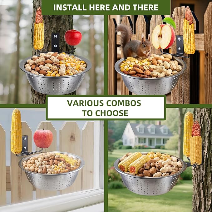 2 Pack Squirrel Feeders Tree/Fence Mounted, 8.5" Removable Colander Bowls (1.4L Each), 2 Corn Cob Spikes for Various Food, Perfect Metal Squirrel Feeders for Outside, Easy to Clean/Refill