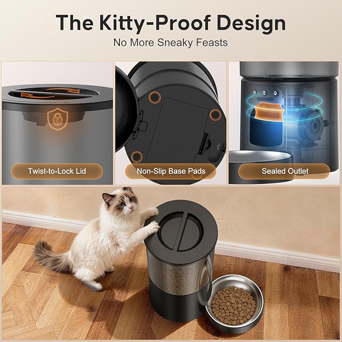 Automatic Cat Feeder with Camera,WiFi Cat Food Dispenser with App Control,1080P HD Video,Two-Way Audio, Transparent 4.2L Food Container (Black)