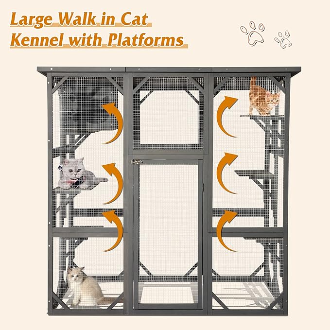 Grepatio Cat Enclosure Large Outdoor Catio Wooden Cat House with Weatherproof, Cat Cage Condo Indoor Playpen with Platform and Small House (Grey)