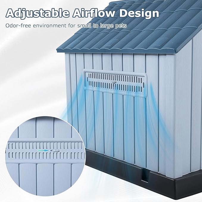 LEMBERI Large Plastic Dog House for Medium Large Dogs, Durable Waterproof Indoor Outdoor Doghouse with Air Vents and Elevated Floor, Easy to Assemble (Light Blue, 40.7" L x 37.2" W x 40" H)