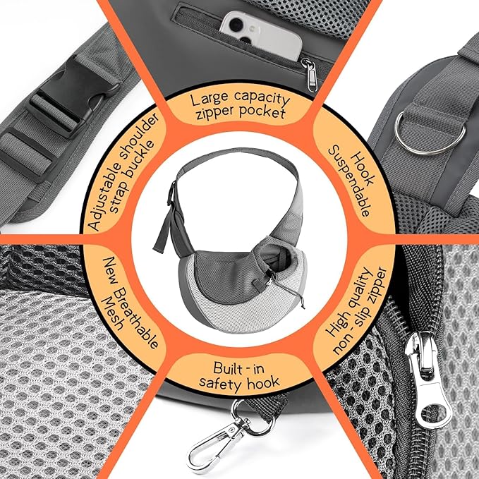 YUDODO Pet Sling Carrier for 5-9 lbs Small Dogs & Cats – Hands-Free Puppy Carrier with Safety Hook, Large Zipper Pocket, Soft Breathable Mesh, Adjustable Strap & Reflective Strip (Gray 1.0 M)