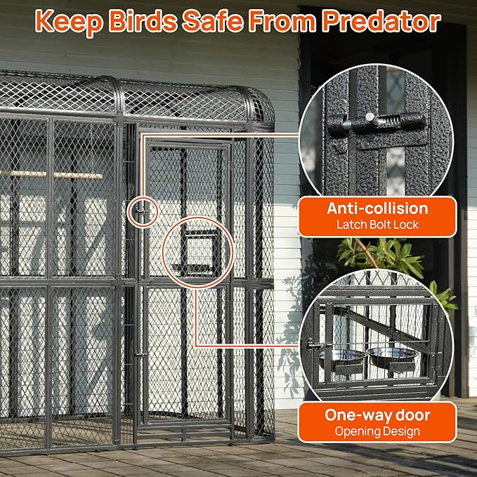 Large Walk-in Cage 77-inch Heavy Duty Birdcage Outdoor Diamond Grid Aviary Parrot Cage Wide Flight Metal Birdcage for Macaw Budgie Conure Lovebird Parakeet Cockatiel, 6.4x3.87x5.91ft, Silver