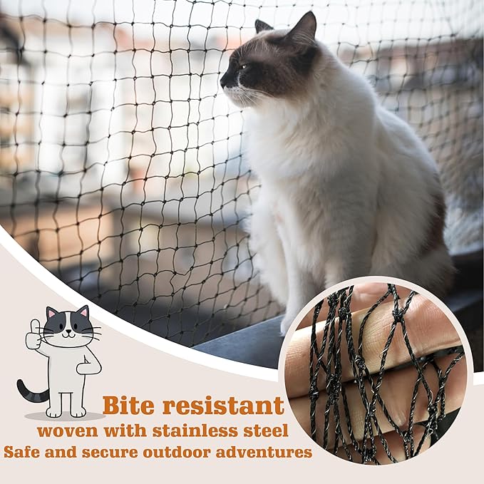 Cat Netting, Balcony Netting for Pets,Steel Wire Reinforced Balcony Screen for Pets, Anti-Fall Cat Net for Balcony and Windows,Stair, Patio（Black,10 * 26ft）