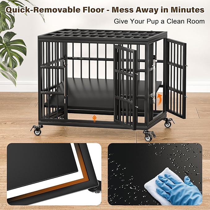VERIFURTY 24 Inch Heavy Duty Dog Crate for Small Dogs with Self-Locking Latch, Escape-Proof Steel Kennel Indoor, Double Door Metal Pet Cage with Wheels and Removable Floor