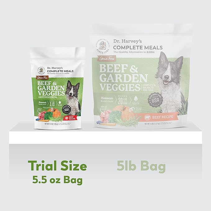 Dr. Harvey's Beef & Garden Veggies Dog Food, Human Grade Grain-Free Dehydrated Food for Dogs with Freeze-Dried Beef, Trial Size (5.5 Oz)