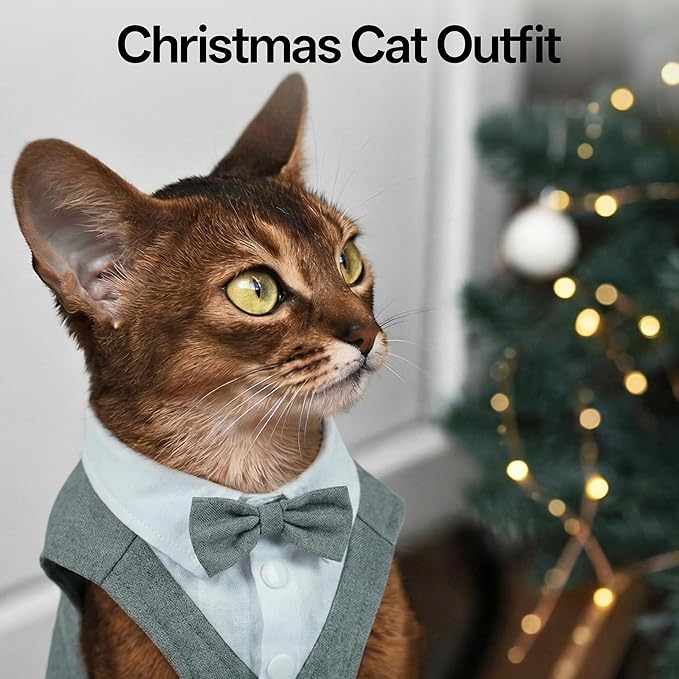 PUMYPOREITY Cat Tuxedo Suit Formal Wear with Bow Tie, Soft Skin-Friendly Cat Costumes for Cats Only, Elegant Outfit for Male Female Cats, Perfect for Wedding Birthday Photo Shoots, XS, Grey