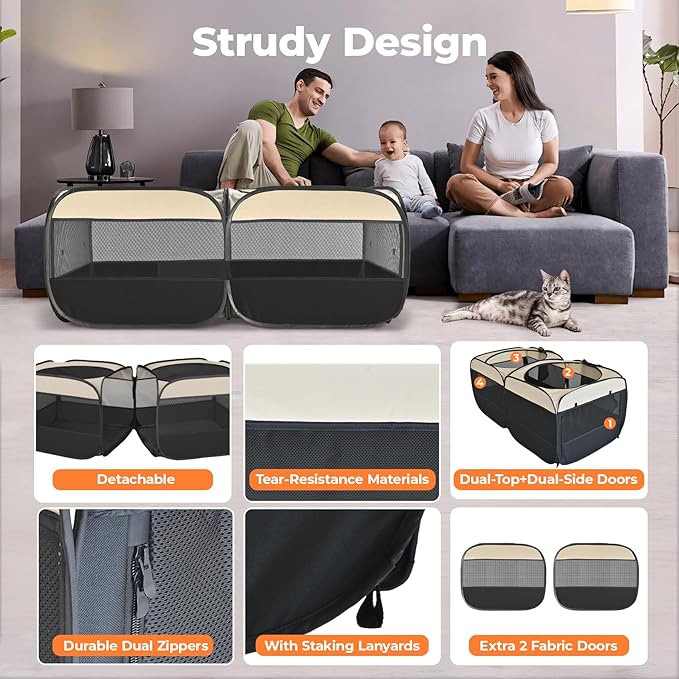 2-in-1 Pop Up Cat Playpen, Detachable into 2 Separate Pens with Additional Doors, Assembly-Free Portable Dog Crates Pet Pen Tent Kennel Kitten Puppy Enclosure Cage Indoor Outdoor Foldable Condo(M)