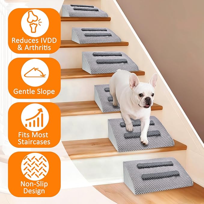 Dog Ramp for Stairs with Anti-Slip Bump for Small & Senior Dogs and Cats – Stair Wedges for Dogs with Gentle Slope, Pet Ramp with Washable Cover & Self-Sticky Pads for Safe Climbing (Gray, 6 Pack)