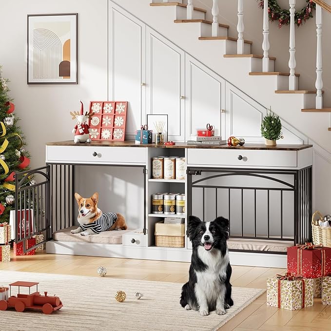 GAOMON Dog Crate Furniture for 2 Dogs, 78.7'' Large Dog Kennel Indoor with 2 Storage Drawers, 3 Shelves and Feeding Bowls, Double Dog Crate TV Stand for Small and Medium Dogs, White