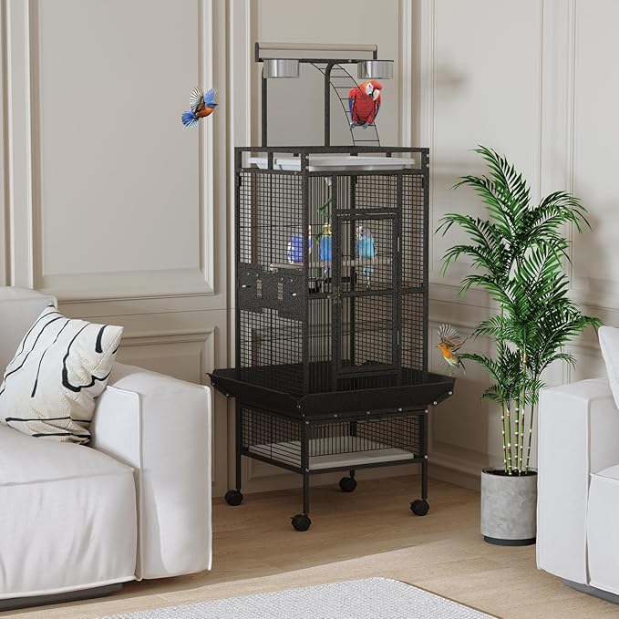 Large Bird Cage 60-inch Playtop Metal Bird Cages with Rolling Stands, Feed Bowls for Parakeets, Conures, Parrot Cage for Medium Large Parrot Cage with Slide-Out Tray Seed Guard, Black