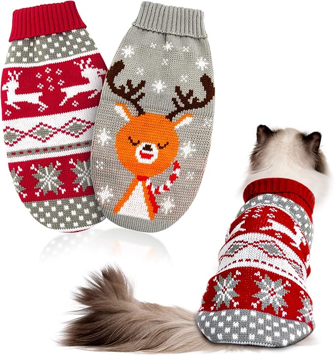 HYLYUN Cat Christmas Sweater 2 Packs - Puppy Christmas Sweater Pet Reindeer Snowflake Sweaters for Kittys and Small Dogs M