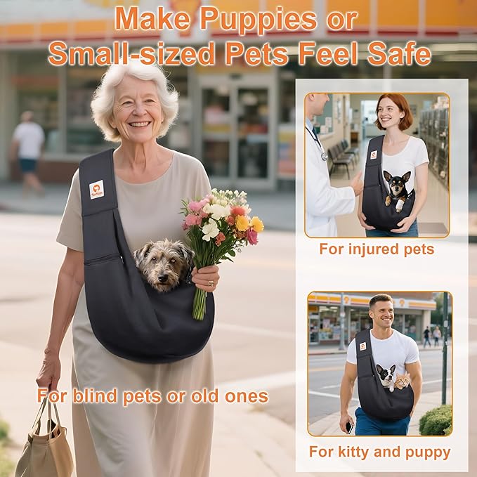 Tomkas Small Dog Sling Carrier - Zipper Pocket & Classic Strap - for 3-10 lbs Pets(Black)