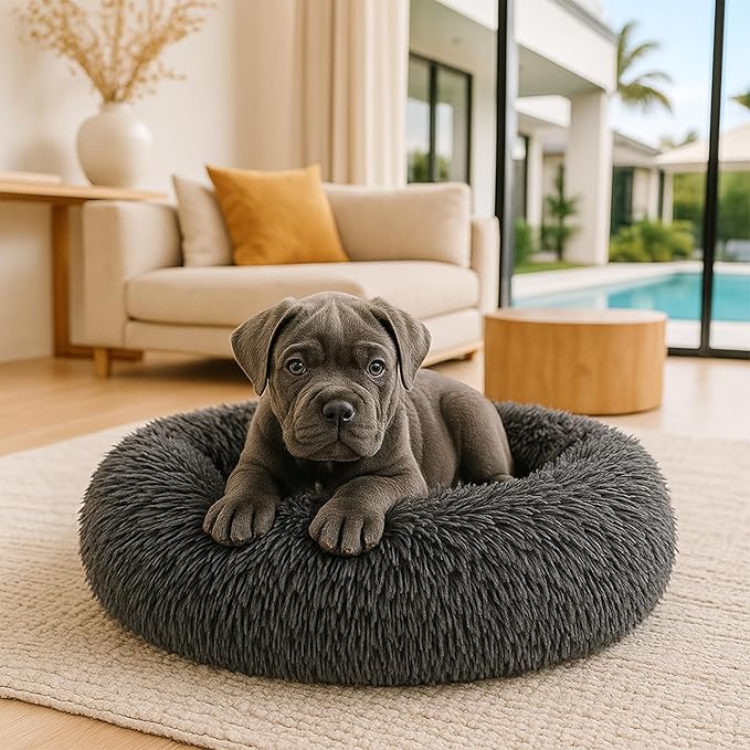 Calming Dog Bed - Fluffy Donut Cuddler for Anxiety Relief, Orthopedic Pet Bed with Non-Slip Bottom, Cozy Round Faux Fur Nest for Dogs and Cats, Plush Crate Mat for Comfort (Dark Grey, X-Large)