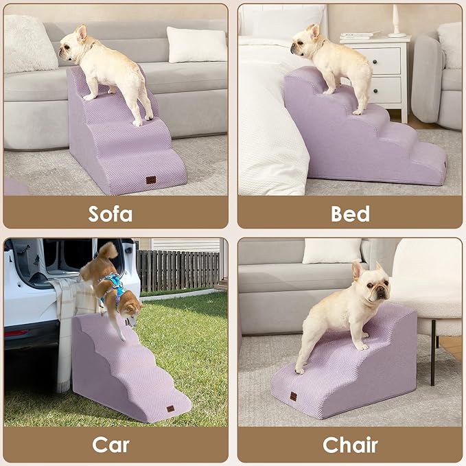 EHEYCIGA Curved Dog Stairs Ramp for High Beds 19.7" H, 4-Step Dog Steps for Small Dogs and Cats, Pet Stairs for High Bed Climbing, Non-Slip Balanced Pet Step Indoor, Lilac