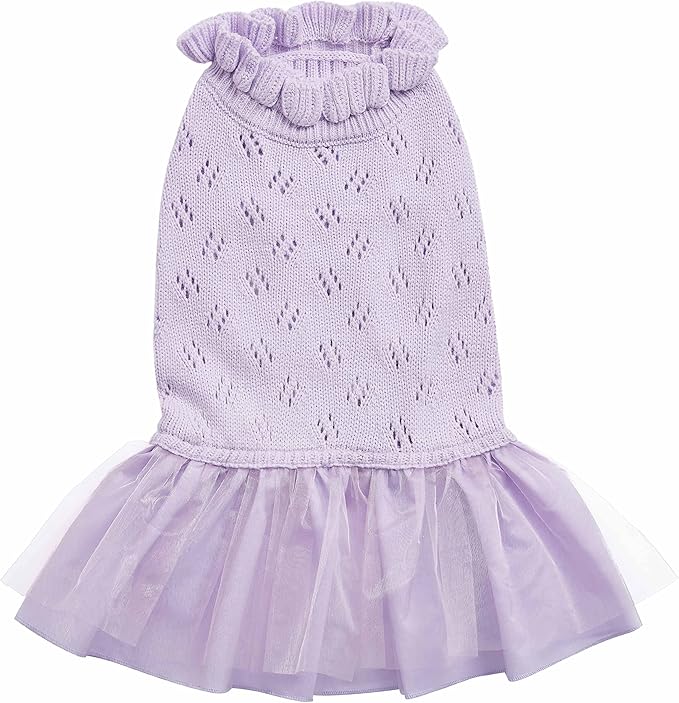 Blueberry Pet My Cutie Princess Ruffle Collar Dog Sweater Dress with Layered Tulle, Light Lavender, Back Length 14", Fall Winter Clothes for Girl Dogs