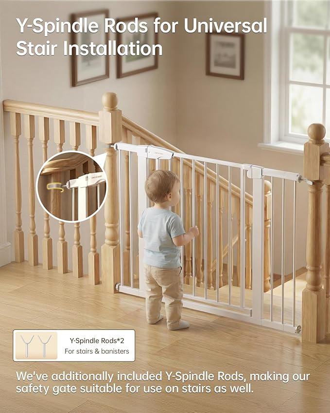 Baby Gate for Stairs, 29.92-48” Wide Pressure Mounted Baby Gate No Drill Needed, Auto Close Dog Gate for Doorways, Easy Walk Through Safety Child Gates for Toddler & Pet/Puppy, Indoor, White
