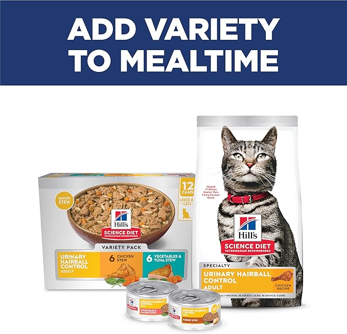 Hill's Science Diet Urinary Hairball Control, Adult 1-6, Urinary Track Health & Hairball Control Support, Dry Cat Food, Chicken Recipe, 7 lb Bag