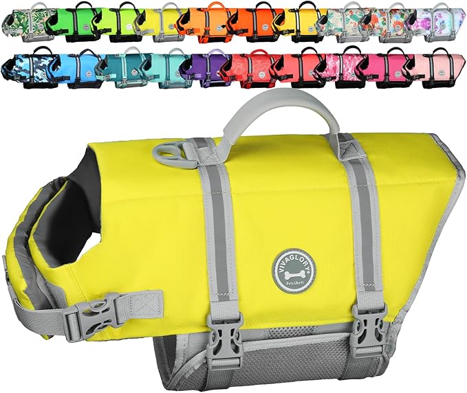 VIVAGLORY Rip Stop Dog Life Vest, Swimming Vest with Handle, Buoyancy for Doggy Puppy, Dog Life Jacket for Swimming & Boating, XXS, Yellow Grey