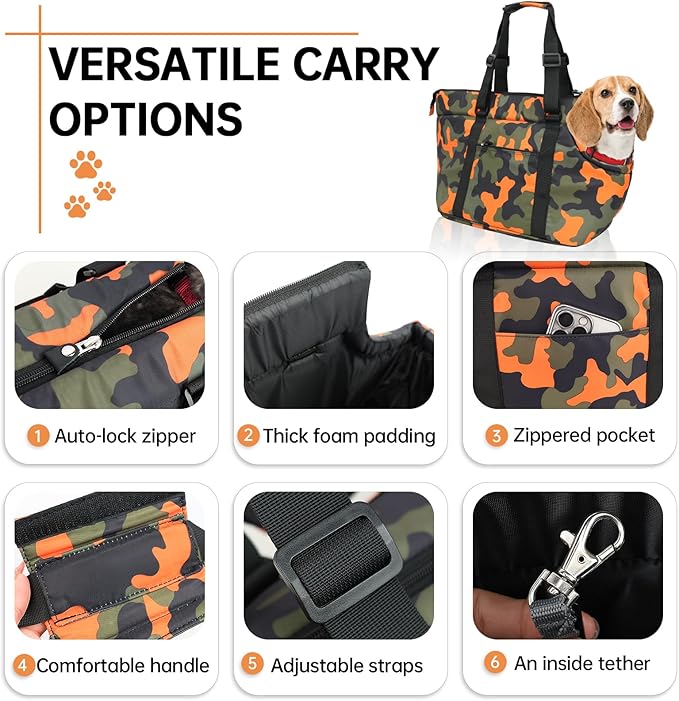 Premium 10mm Padded Dog Purse Carrier for Large Dog, Pet Tote Bag Shoulder Carrying Purse for Dog/Cat Below 7kg/15.5lbs - Camouflage Orange