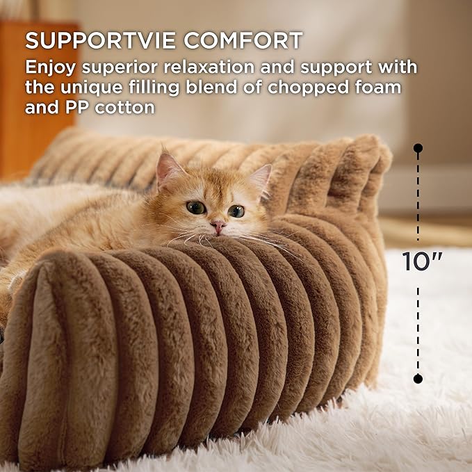 Bedsure ComfyFleece™ Cute Cat Couch for Pets - As Seen on TV on Good Day New York, Fuzzy Cats beds for Indoor Cats with Removable Washable Cover, Supportive Pet Sofa, 24inch, Camel Brown