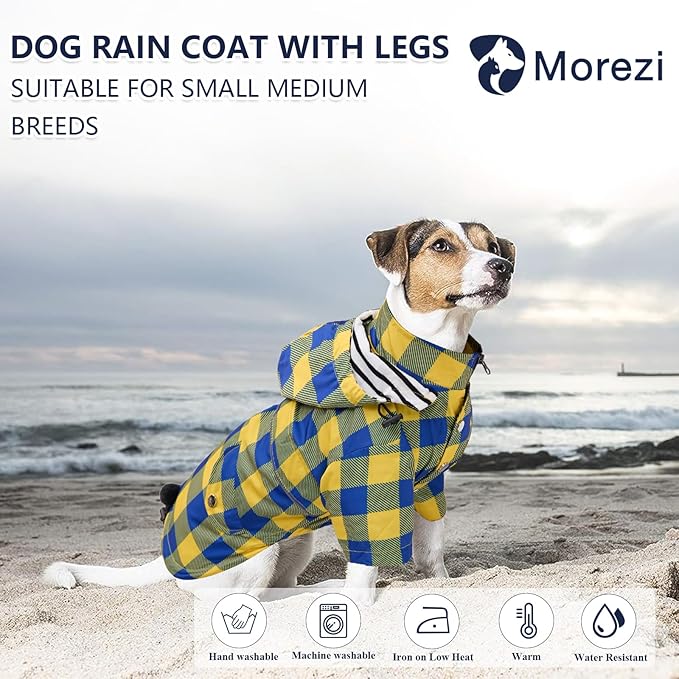 Dog rain Coat Waterproof Raincoat Puppy Jacket with Legs Buttons Zipper Hood Drawstring Fit for Yorkie Terrier Schnauzer Poodle Border Collie Labrador Golden Retriever 8lbs to 80lbs Yellow S