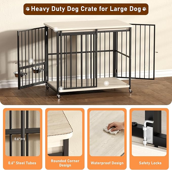 Dog Crate Furniture, 41’’ Wooden Dog Kennel Indoor with Sliding Front Door, Multi-Side Openings & Feeding Window Pet Cage House as TV Stand, End Table(Beige)