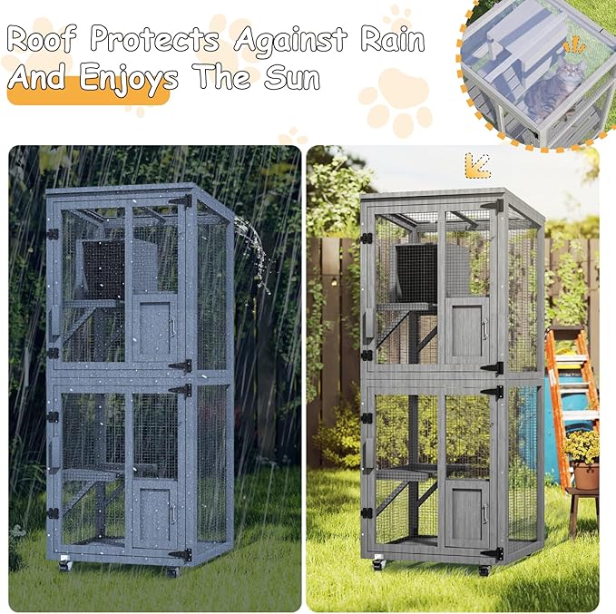 4 Tiers Catio Outdoor Cat Enclosure, Indoor Cat House with 4 Wheels, Cat Enclosure Window Access with Removable Floor, Upgraded Resting Box, Waterproof Roof, Wooden Indoor Pet Cage, Grey