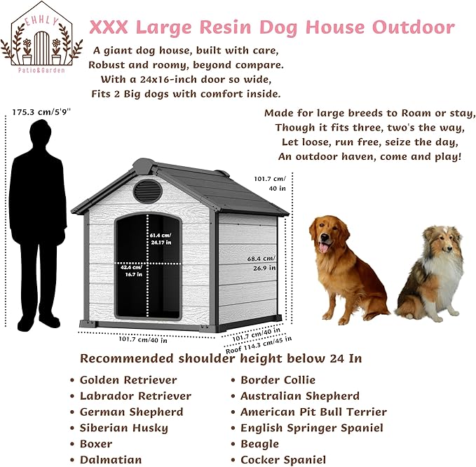 EHHLY 46" Large Dog House Outdoor Weatherproof, 3XL Big Dog House for Large Dog Outside, Insulated Igloo Pet House with Elevated Floor, Extra Durable Resin Plastic, 46Lx40Wx40H, Cemented Grey