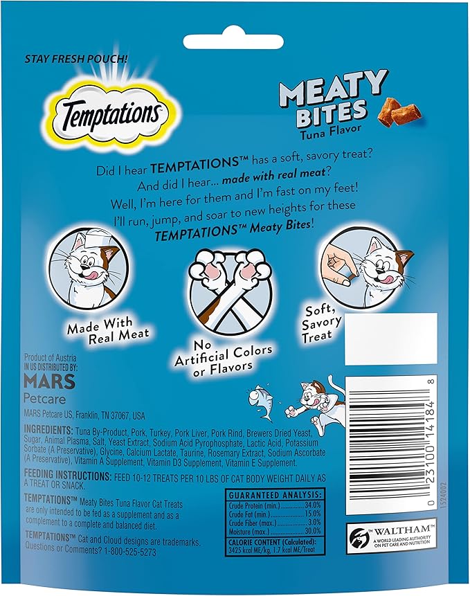 Temptations Meaty Bites Savory and Soft Cat Treats, Tuna Flavor, 4.12 oz. Pouch