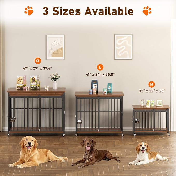 Dog Crate Furniture, 47’’ Wooden Dog Kennel Indoor with Sliding Front Door, Multi-Side Openings & Feeding Window Pet Cage House as TV Stand(Brown)