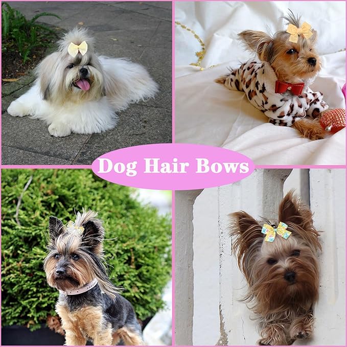 20pcs Yellow Dog Hair Bows for Small Dogs - Puppy Hair Clips with Rubber Bands, Cute Bowknot Hair Accessories, Handmade Pet Bows for Yorkie Grooming