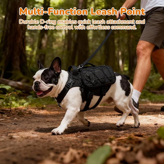 Small Dog Harness Backpack, No Pull Adjustable Dog Vest with Handle & Leash Ring, Lightweight Dog Backpack with Side Pockets for Walking, Training & Day Hikes, Black, S