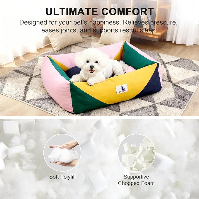 Washable Rectangle Dog Bed with Removable Cover, Color-Block Gingham Cotton Puppy Sofa, Breathable Scratch Resistant Pet Bed, Small
