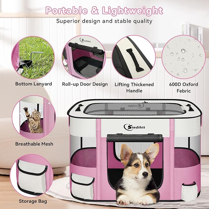 Dog Playpen,Cat Pet Puppy Pen,Portable Playpens for Dogs Indoor Outdoor Travel Camping Use,Foldable Dog Kennel Tent Crate for Rabbit Small Animals with Carrying Case (Pink, Medium)