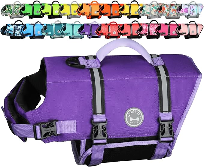 VIVAGLORY Rip Stop Dog Life Vest, Swimming Vest with Handle, Buoyancy for Doggy Puppy, Dog Life Jacket for Swimming & Boating, S, Purple
