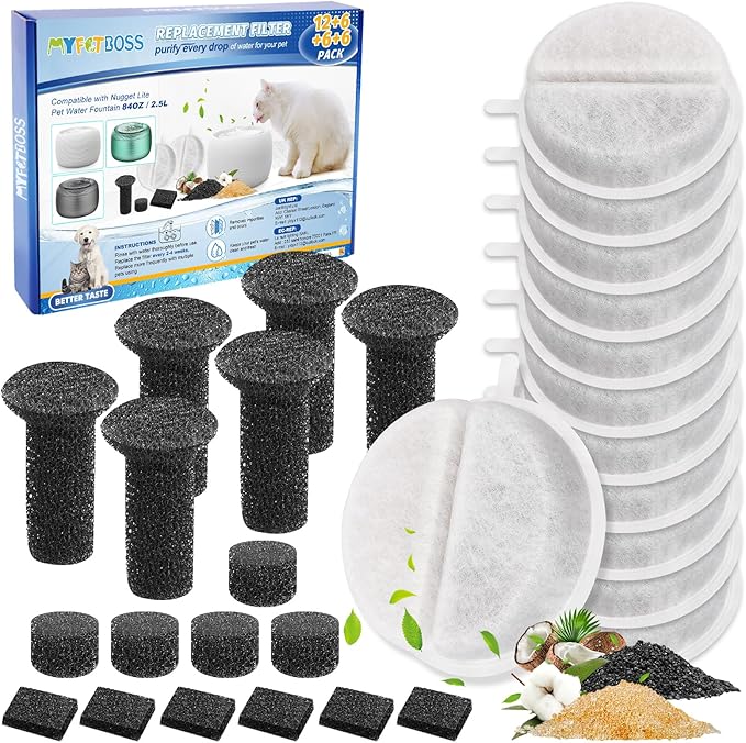 8 Set Cat Water Filter, Replacement Filters for 2.5L Lite & Premium Pet Fountain, Triple Filtration System Pet Filter Replacement (Including 12 Foam/Sponge Mufflers)