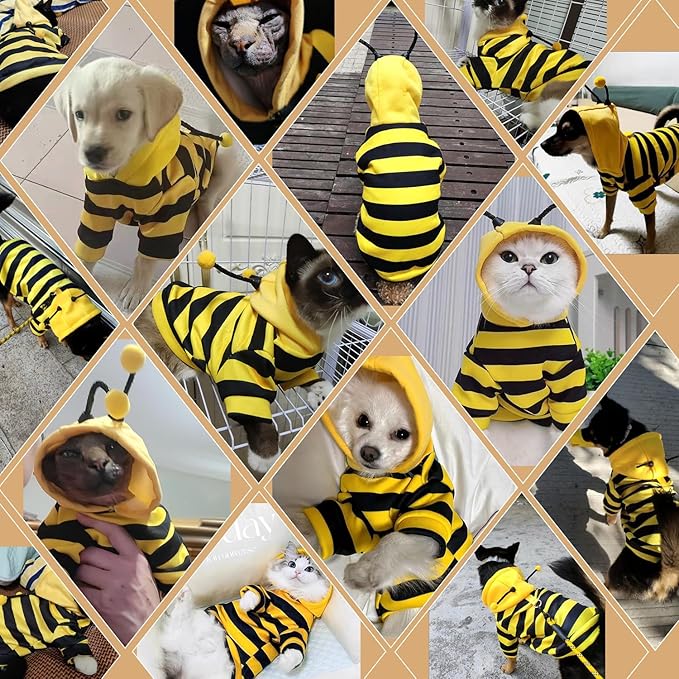 DENTRUN Sphynx Hairless Cats Costume Funny Bee Warm Winter Sweater Cute Pullover Kitten Shirts Breathable Cat Leisure Wear Turtleneck Vest Adorable Cat's Clothes Jacket Pajamas Jumpsuit, L